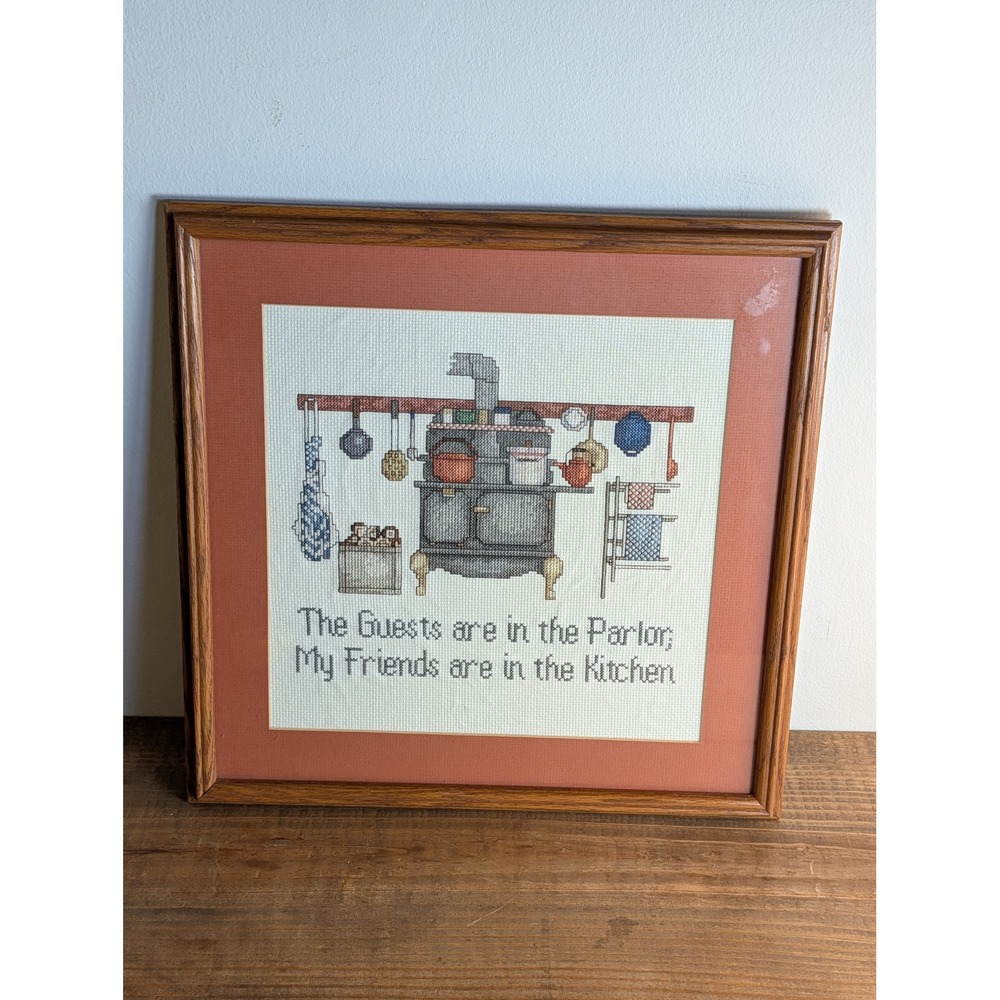 Vintage Framed Cross Stitch Kitchen Art Friends in the Kitchen Wood Frame 14x14